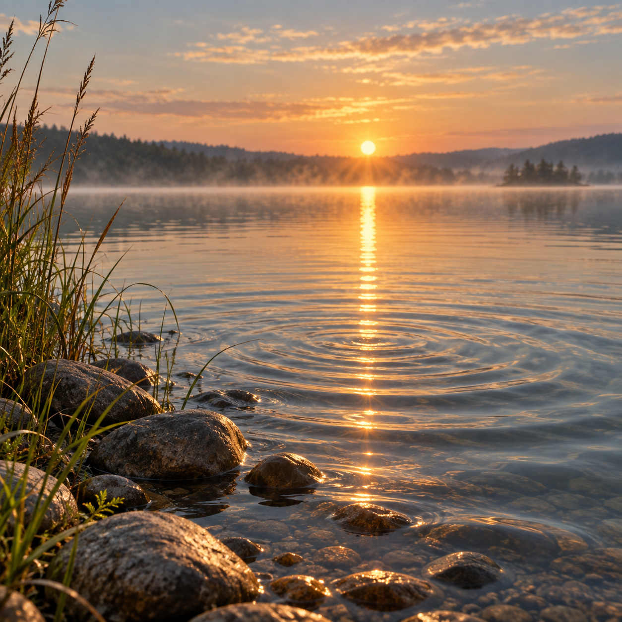 Gentle sunrise on a quiet lakeshore with stones and grasses