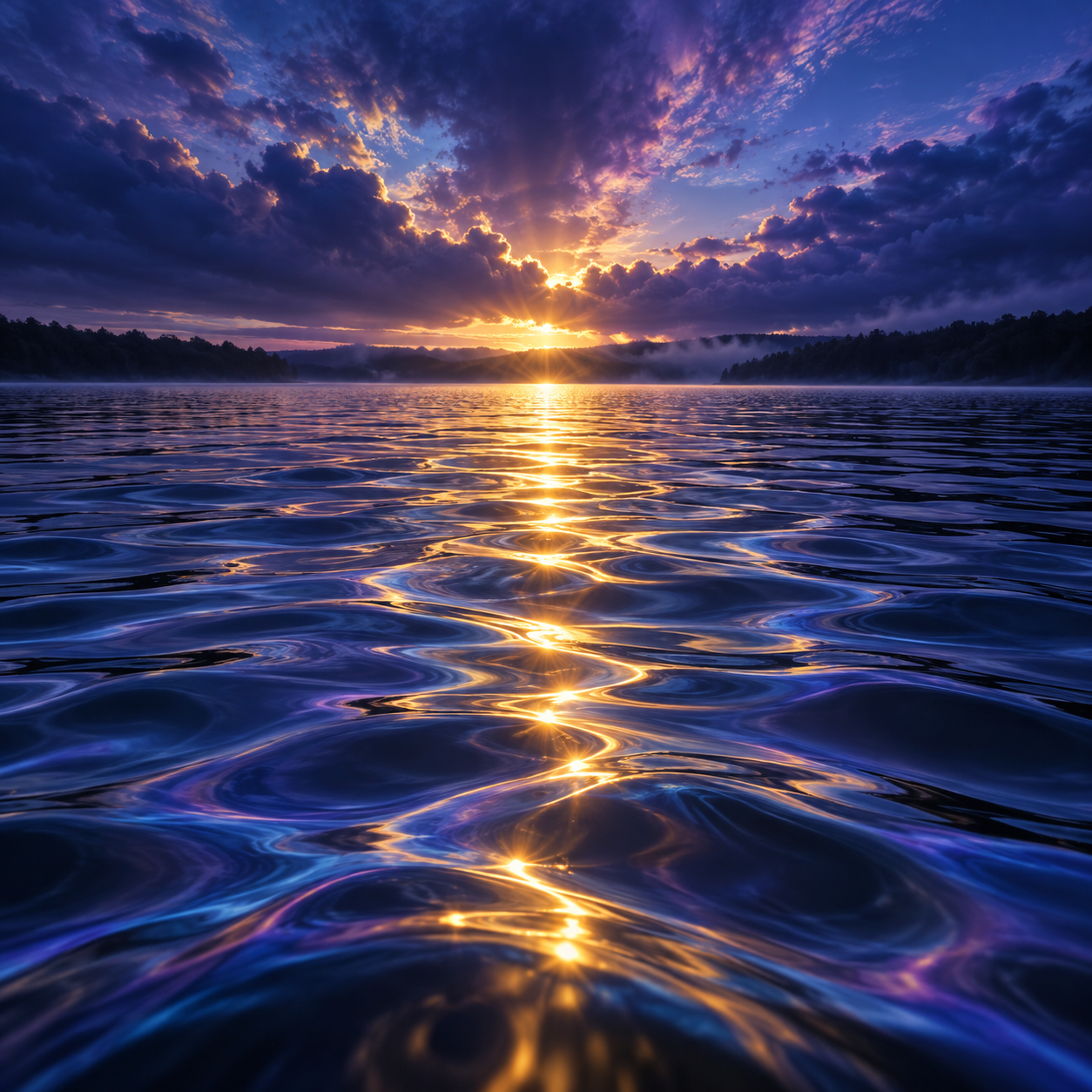 Indigo lake ripples reflecting vivid gold sunrise light
